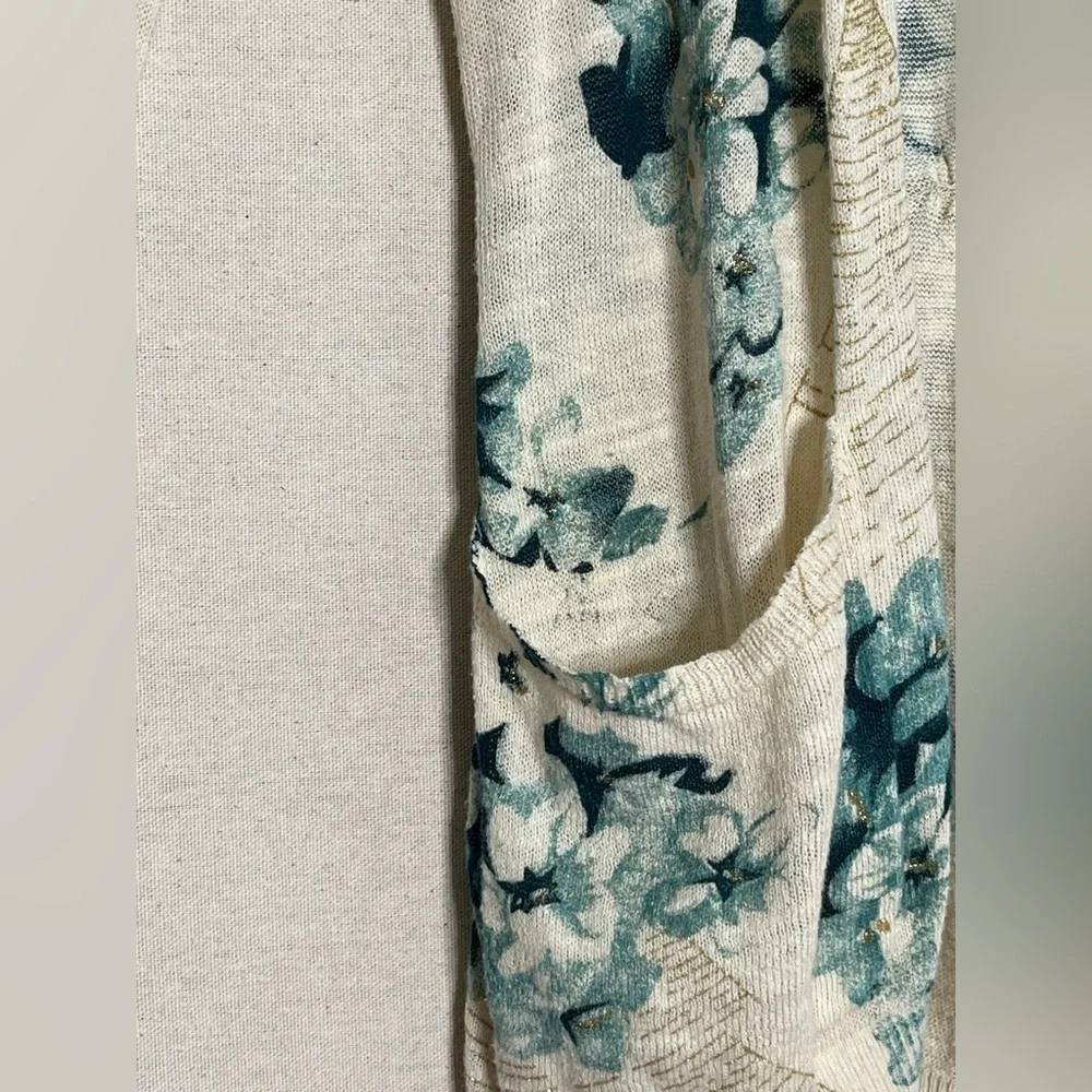 Anthropology lightweight blue-green floral cardigan with gold accents & pockets - Picture 4 of 5